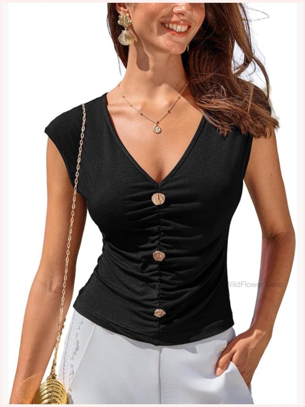 V-Neck Button Front Lightweight Blouse Short Sleeve Going Out Top